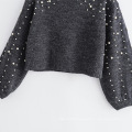 Latest Design Pattern Jacquard Knitwear Custom Women Ladies Knitted Cold Shoulder Pearl Sweater